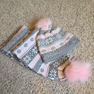 Cozy Pink and Gray Kids Winter Hat and Scarf Set